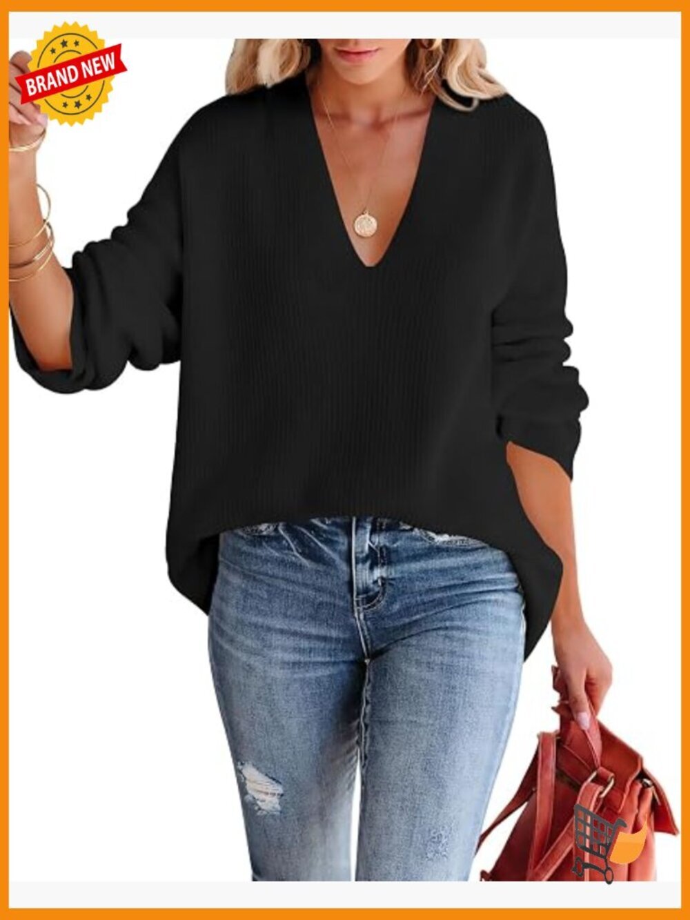 Oversized Deep V Neck Sweater Sexy Long Sleeve Tunic Knitted Pullover Jumper